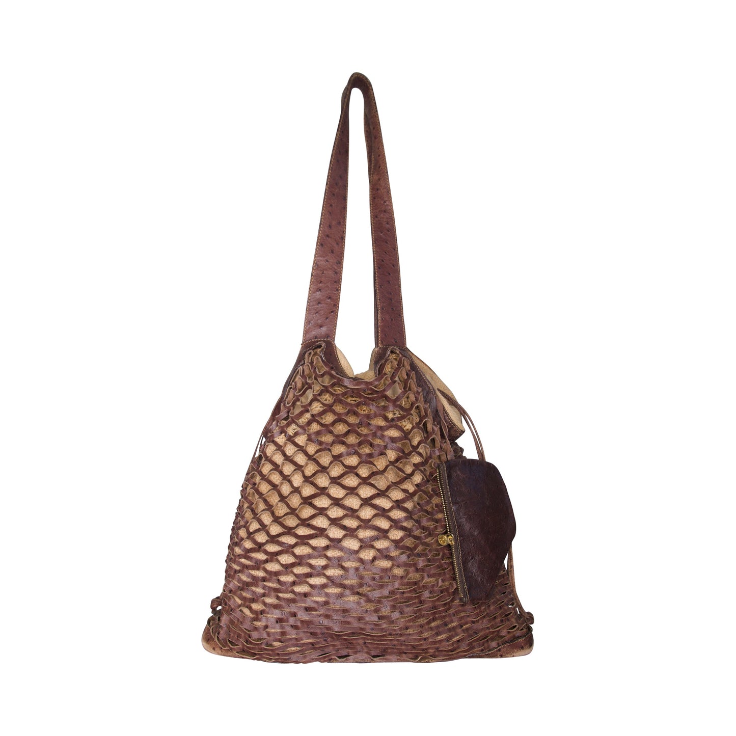 1990's Fendi Leather Fishnet Woven Flax Beach Bag | O/S, Brown