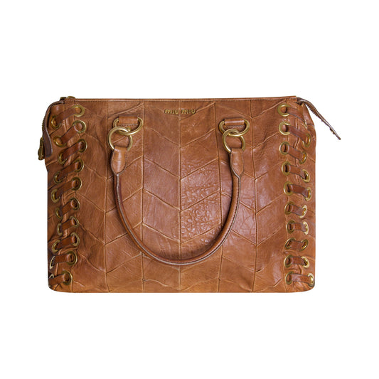 Miu Miu Tan Chevrom Leather Grommet Tote Bag