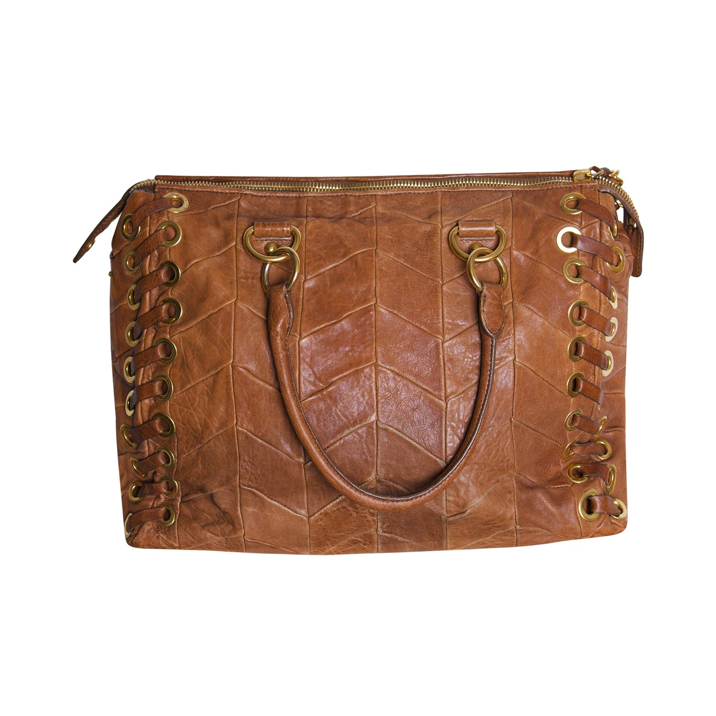 Miu Miu Tan Chevrom Leather Grommet Tote Bag