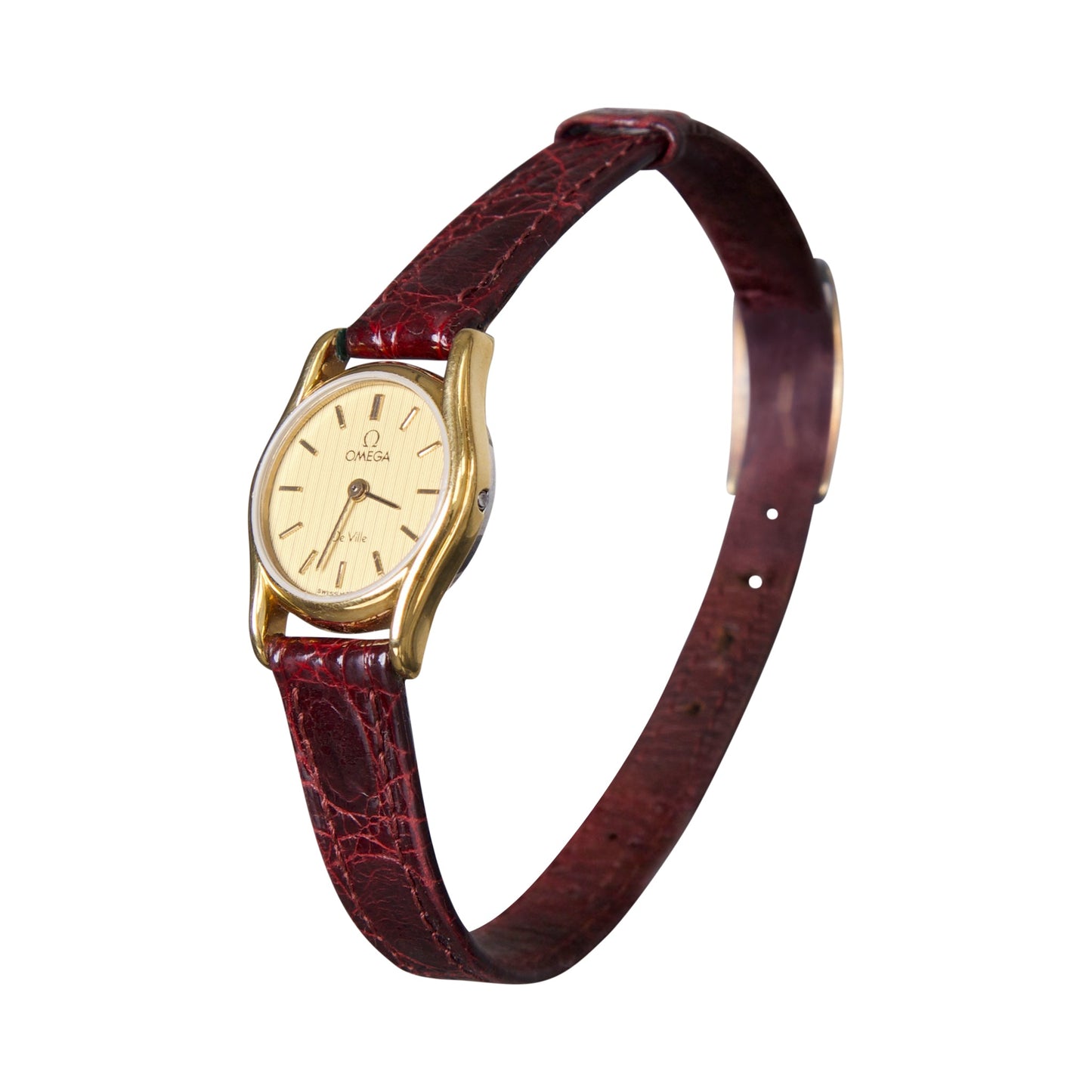 1980 Omega De Ville Burgundy Croc Strap Gold Plated Watch