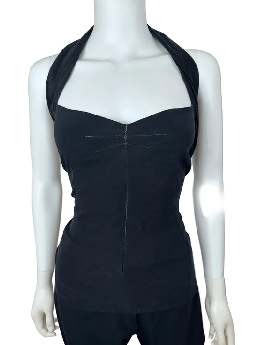 A black sleeveless fitted dress displayed on a white mannequin against a light gray background.