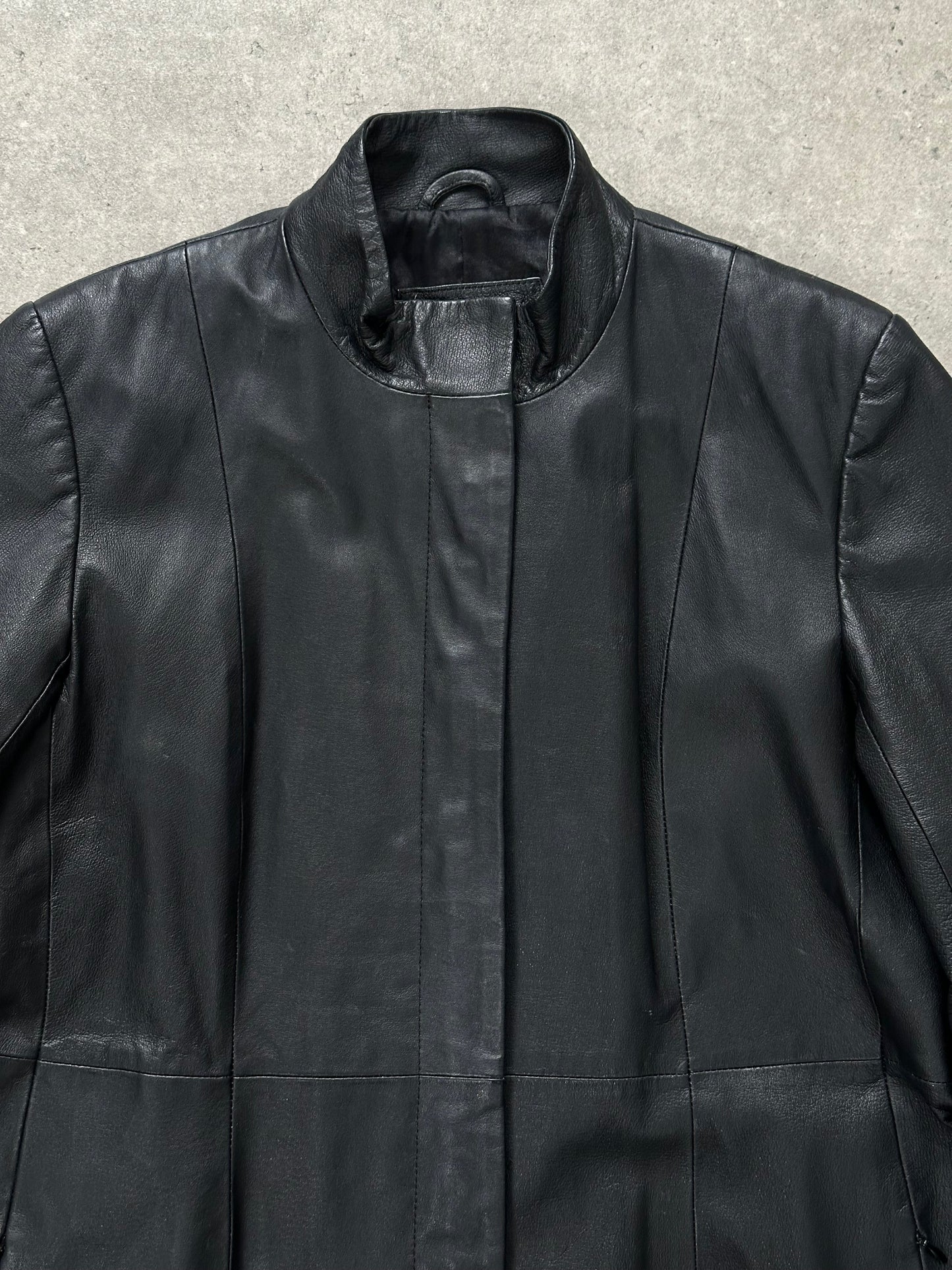 Vintage 1990s High Neck Leather Trench Coat - M
