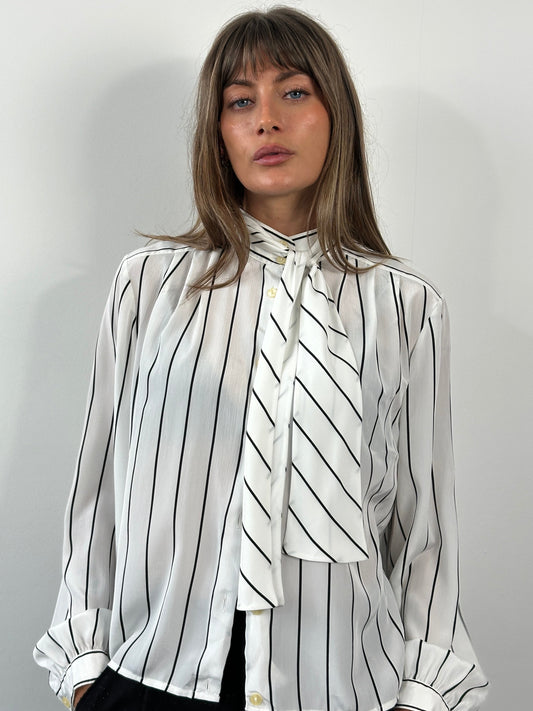 Vintage 1980s Sheer Stripe Tie Neck Shirt - M
