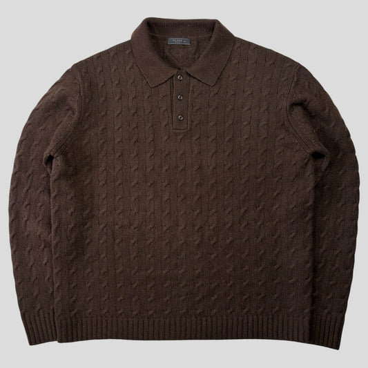 Prada 2024 Triangle Logo Cashmere Collared Cable-knit - L/XL | O/S, Brown