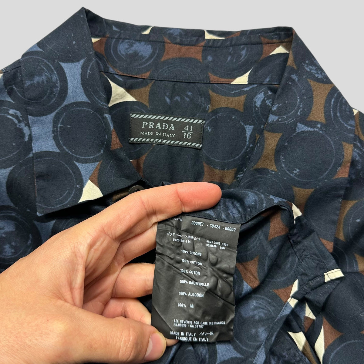 Prada Milano 2006 Diamond and Dots Plaid Abstract Print Shirt - M/L | 41, Navy, Brown, White