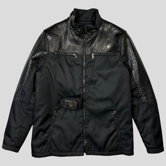 Prada Milano 2011 Gabardine Nylon Leather Jacket + Belt - M | Default Title, Black