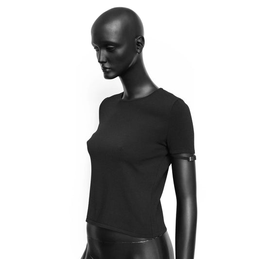Gucci by Tom Ford SS 1998 viscose knit short sleeve top with a sleeve cutout featuring an engraved metal plate. Size IT 42 / UK 8-10.