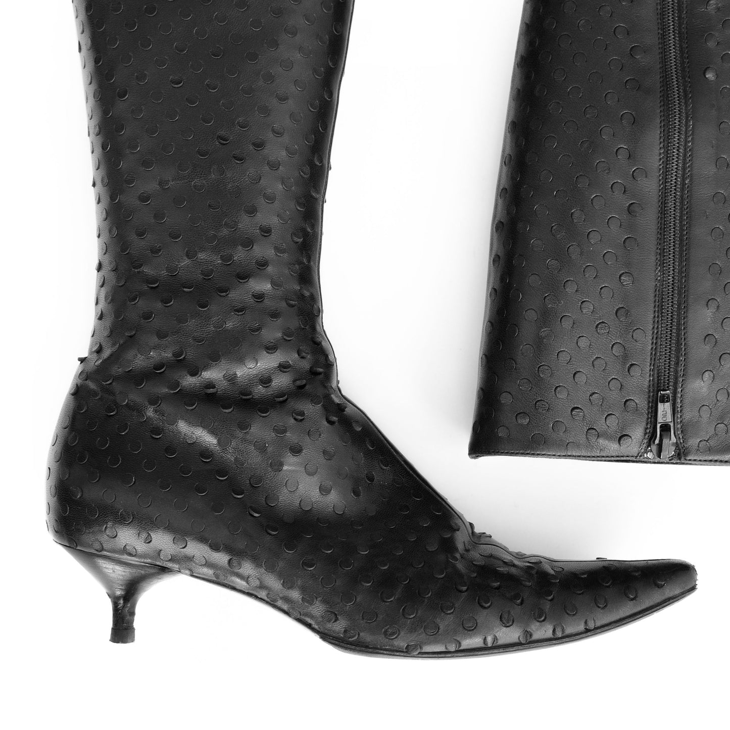 Helmut Lang SS 2001 perforated leather knee high boots with a small stiletto heel. Size EU 37.5 / UK 4.5. Available at Artefact Archive.
