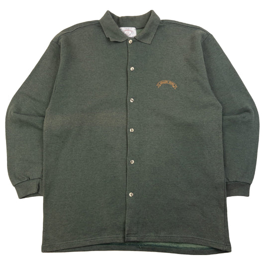 Armani Jeans green button-up collared jumper embroidered logo on chest, fleece-lined interior.