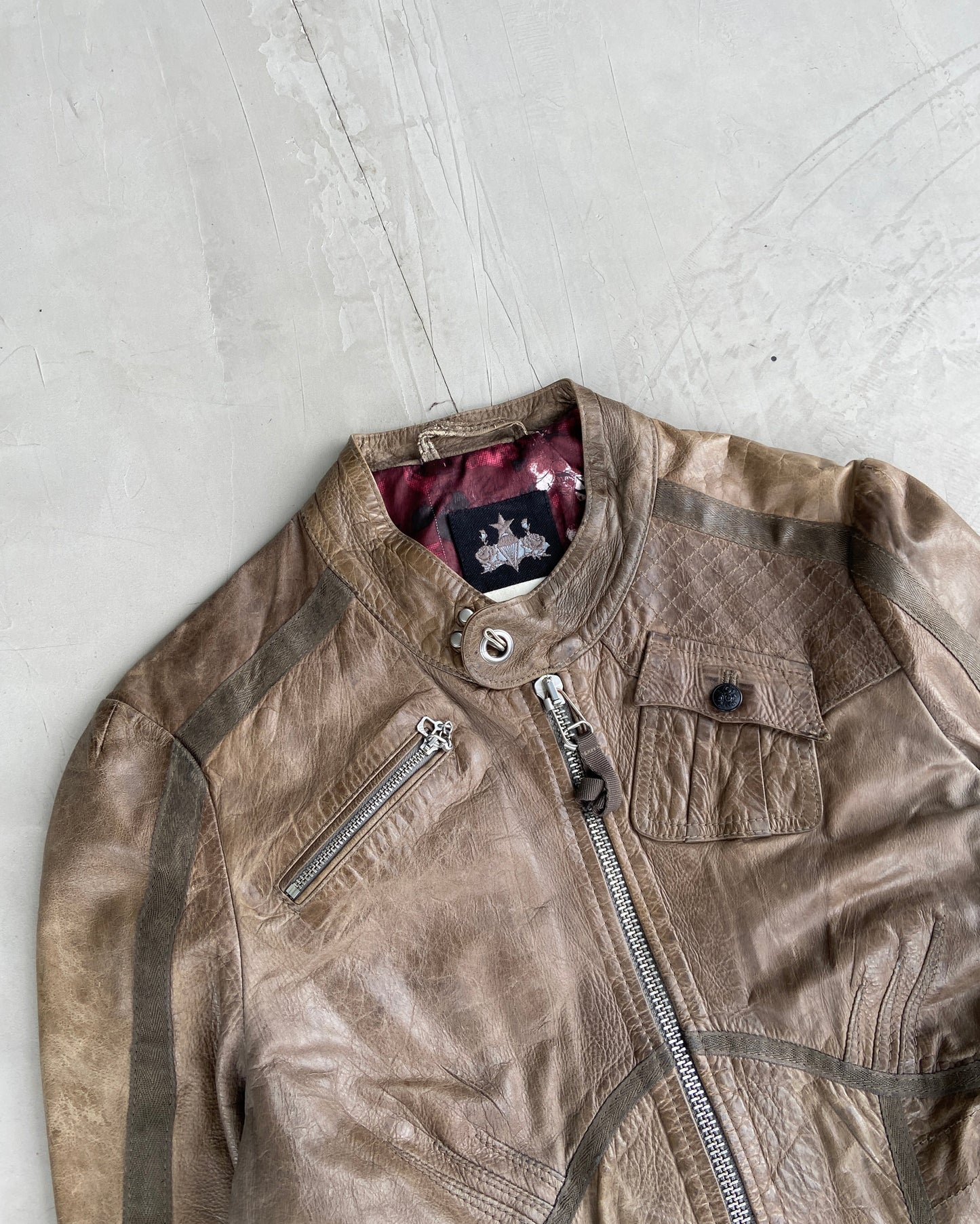 DIESEL CORSET MOTO LEATHER JACKET - L | Large, Brown