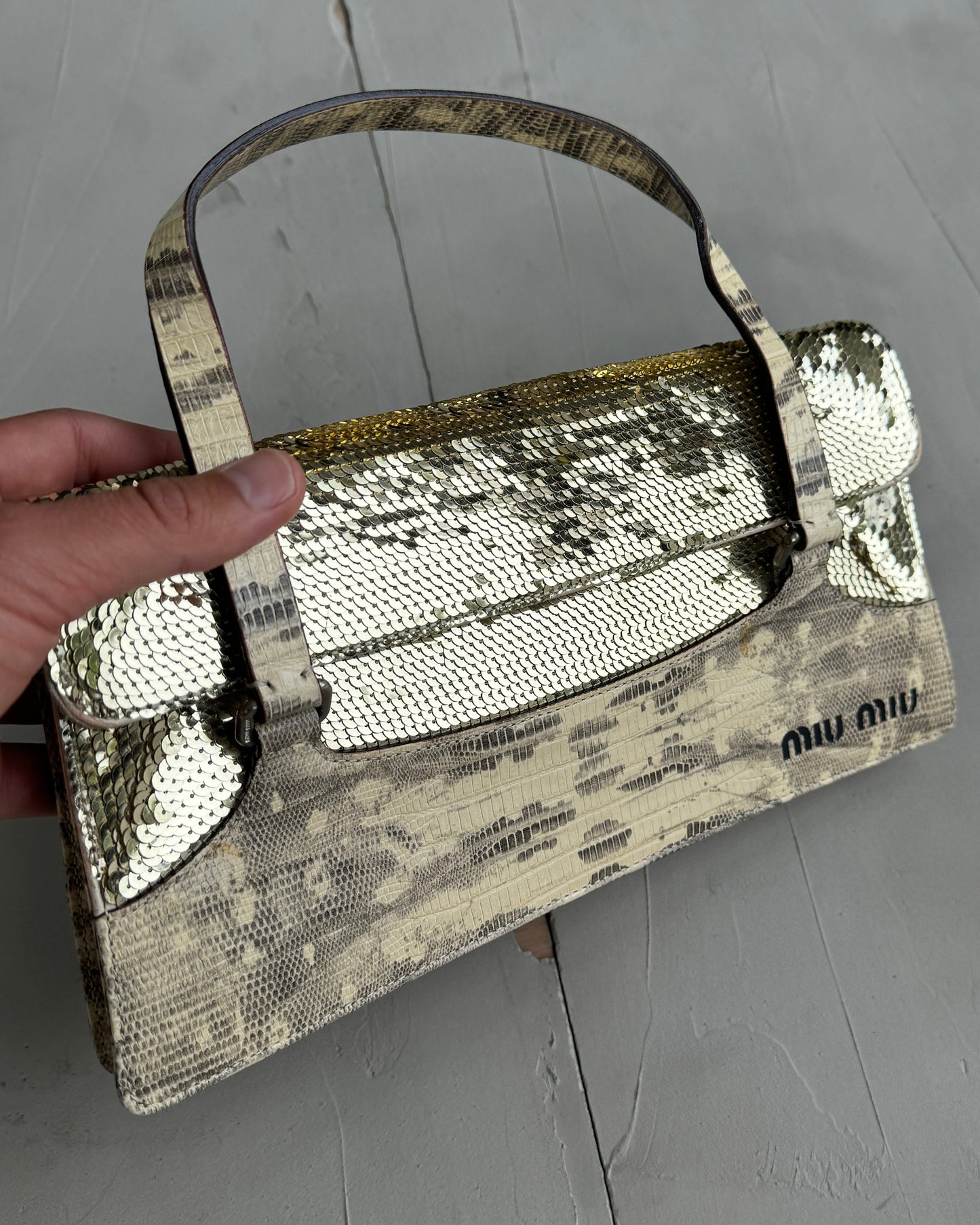 MIU MIU FW99 SEQUIN & PYTHON PRINTED LEATHER BAG | O/S, Beige