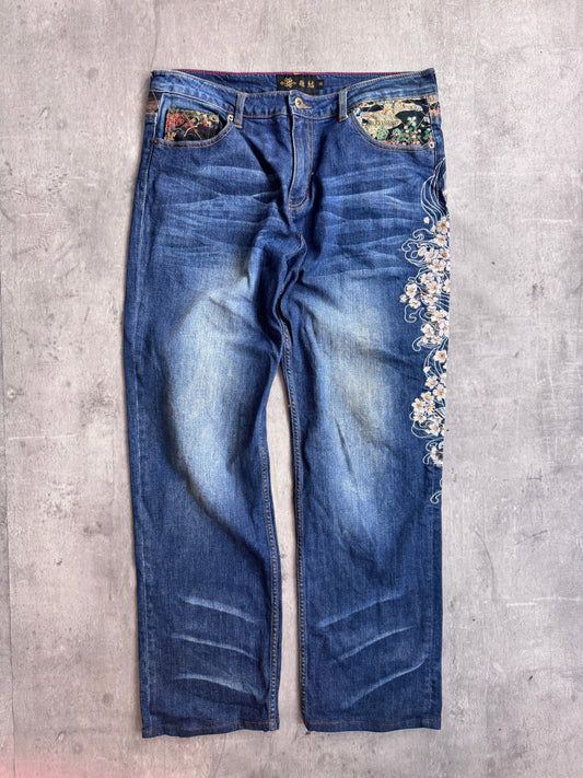 Japanese Koi Embroidered Distressed Denim Jeans