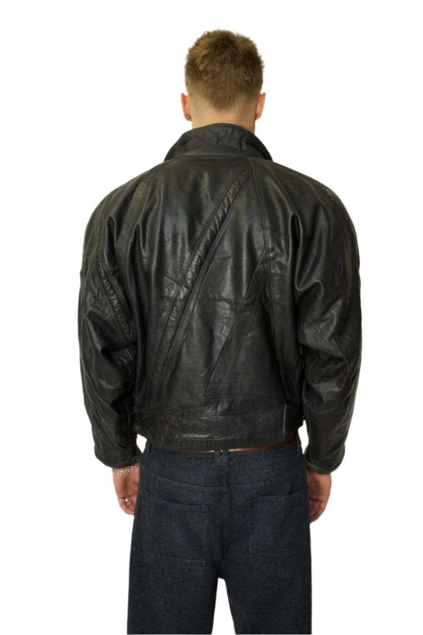 00s Asymmetrical Black Leather Jacket