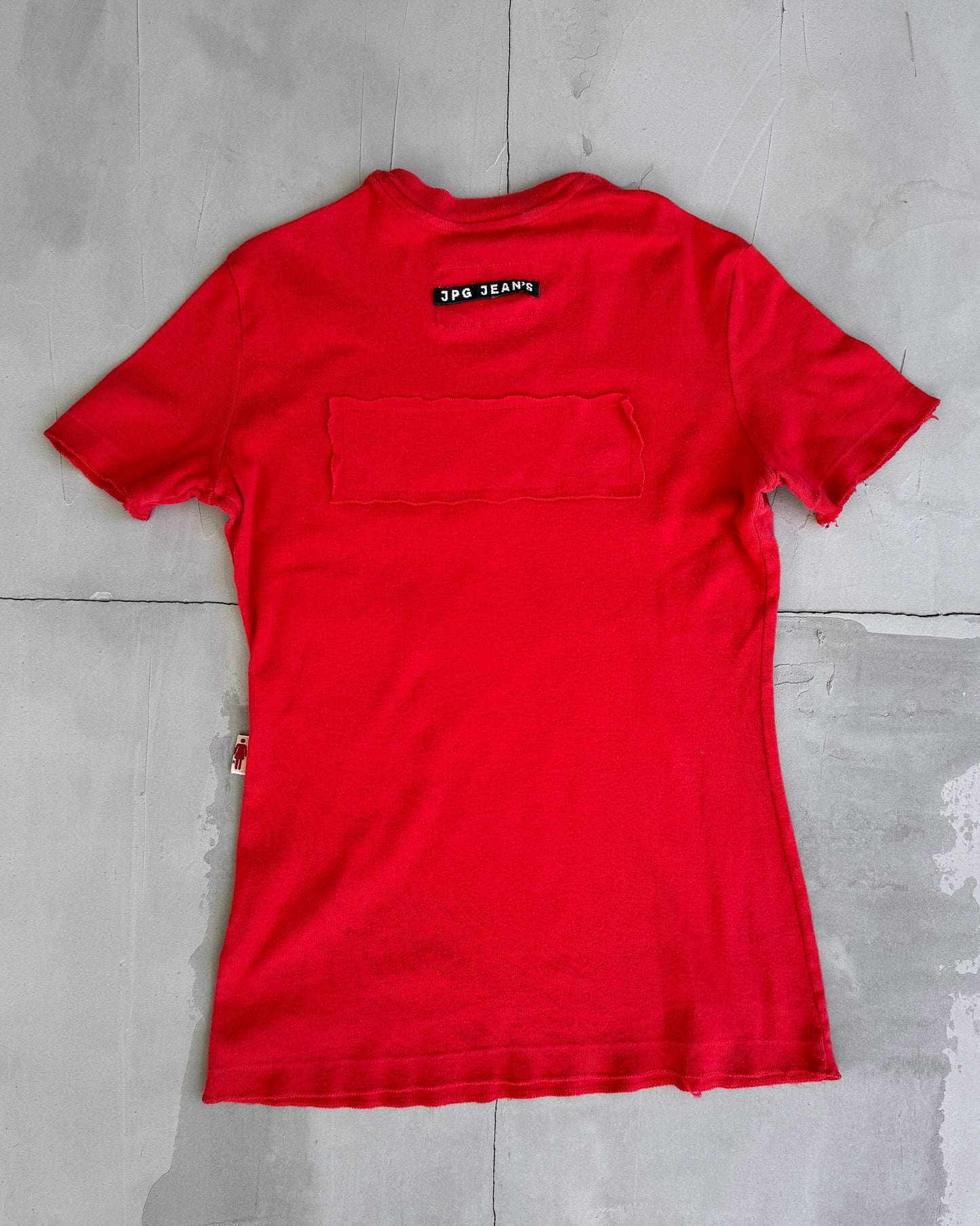 JEAN PAUL GAULTIER 'JPG JEANS' RED LOGO BABY TEE - S | Medium, Red