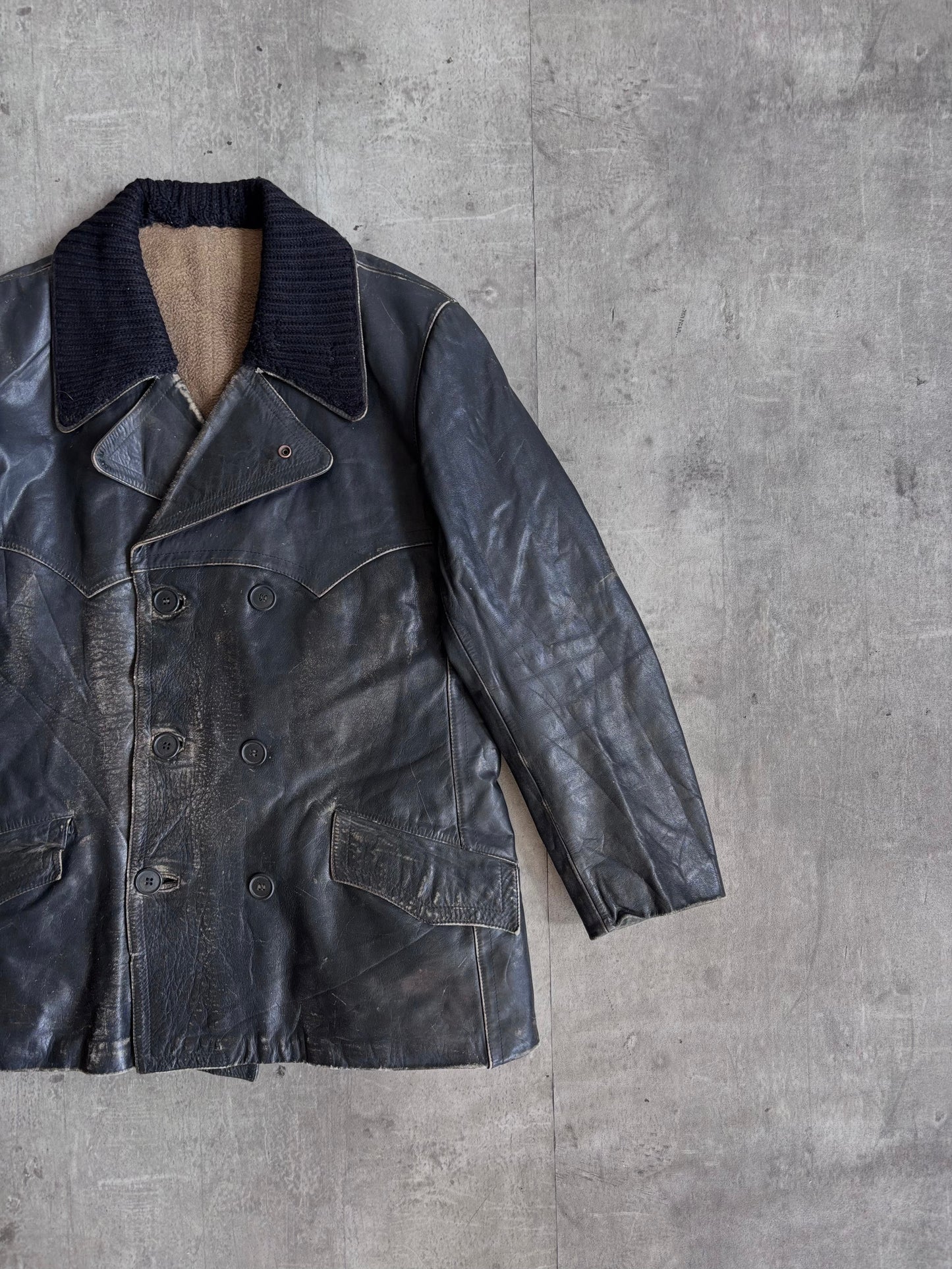 1940's Double Breasted Corbusier Black Horsehide Leather Jacket