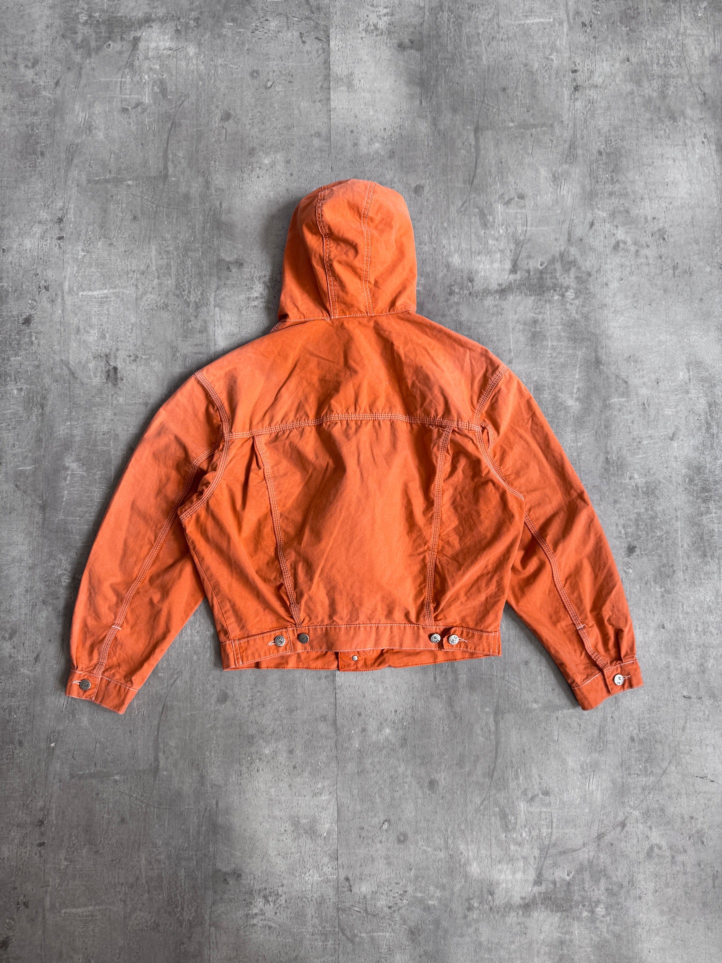 1980s Diesel Washed Orange Hooded Trucker Jacket