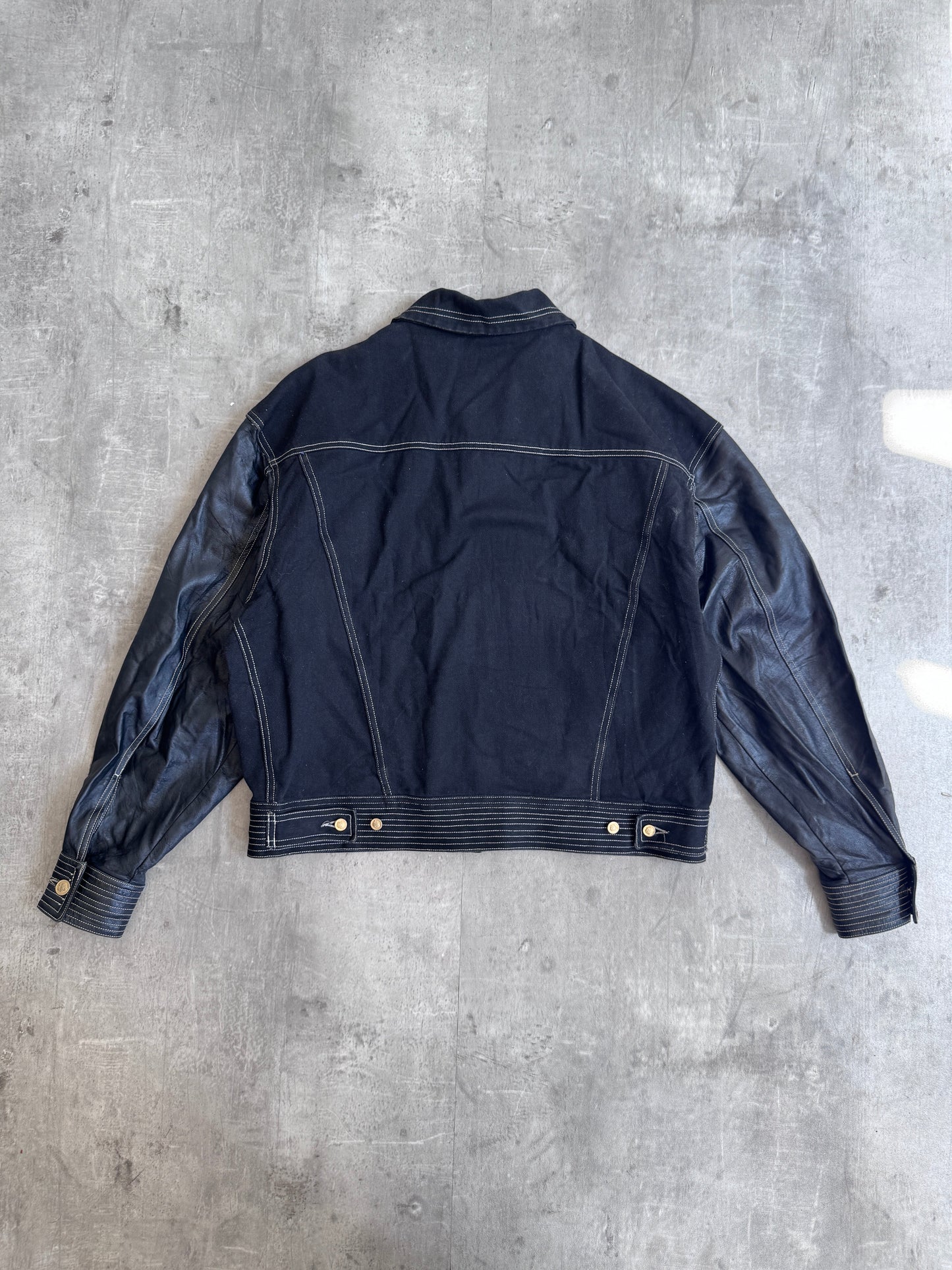 Versace Black Contrast Stitch Leather Hybrid Trucker Jacket