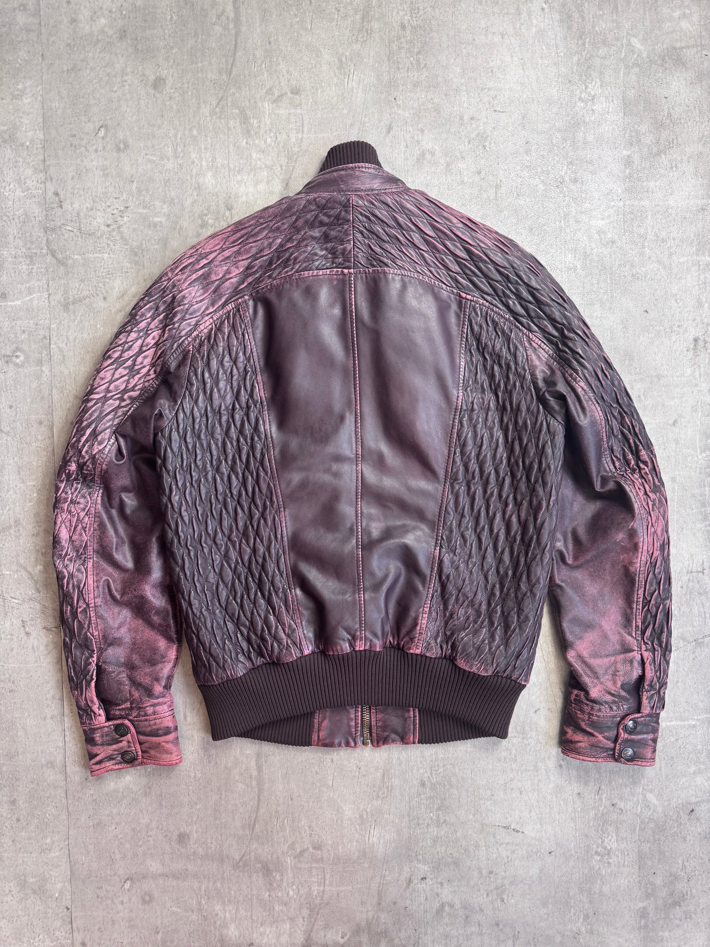 Cavalli Distressed Double Collar Ruched Leather Moto Jacket