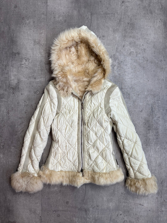 Moncler Fur Suede Trim Beige Quilted Hooded Jacket