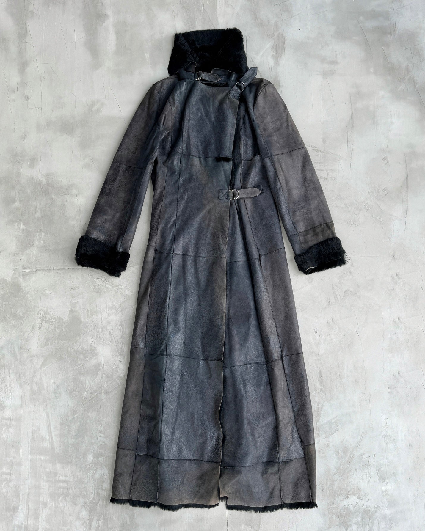 PLEIN SUD LEATHER & FUR FLOOR LENGTH BUCKLE COAT - M | Medium, Black