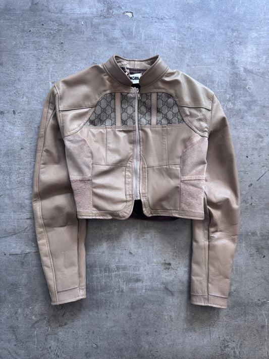 VT Rework: Gucci Cropped Tan Leather Monogram Jacket | Small, Multicoloured