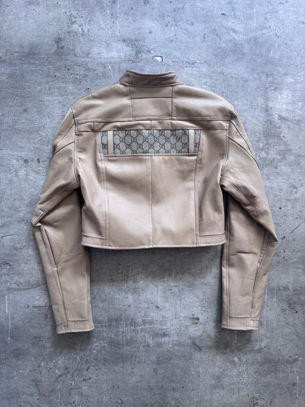 VT Rework: Gucci Cropped Tan Leather Monogram Jacket | Small, Multicoloured