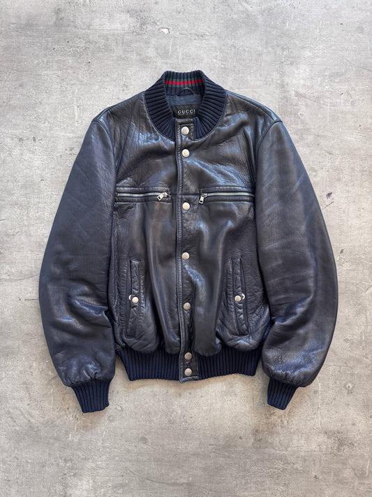 2000's Gucci Navy Leather Flight Bomber Jacket | Medium, Multicoloured