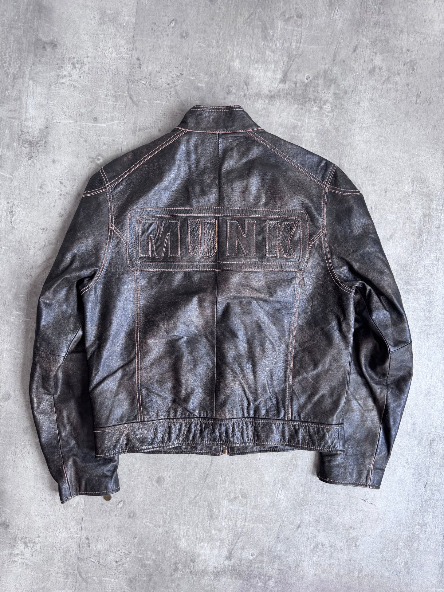 1990s Mid Munk Brown Contrast Stitch Leather Moto Jacket