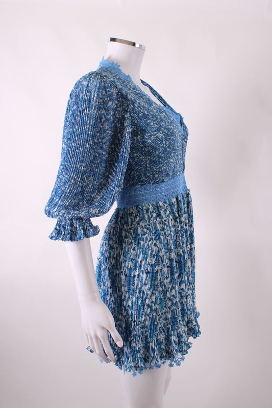 Alice & Olivia Pleated Floral Dress Blue 0 | O/S, Blue