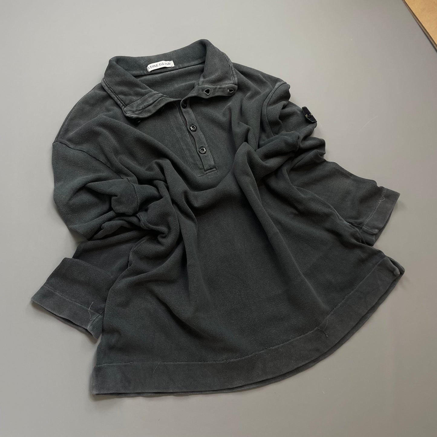 Stone Island Grey AW99 Cotton Button-Up Collar Green Edge Badge Jumper | XX-Large, Grey