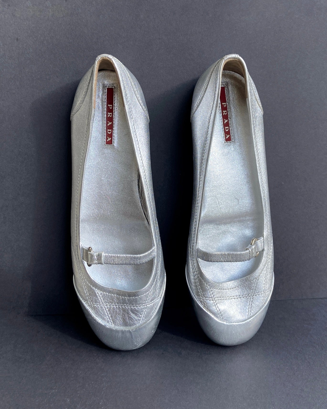 PRADA 2000'S SILVER METALLIC BALLET FLATS - EU 38 / UK 5 | UK 5, Silver