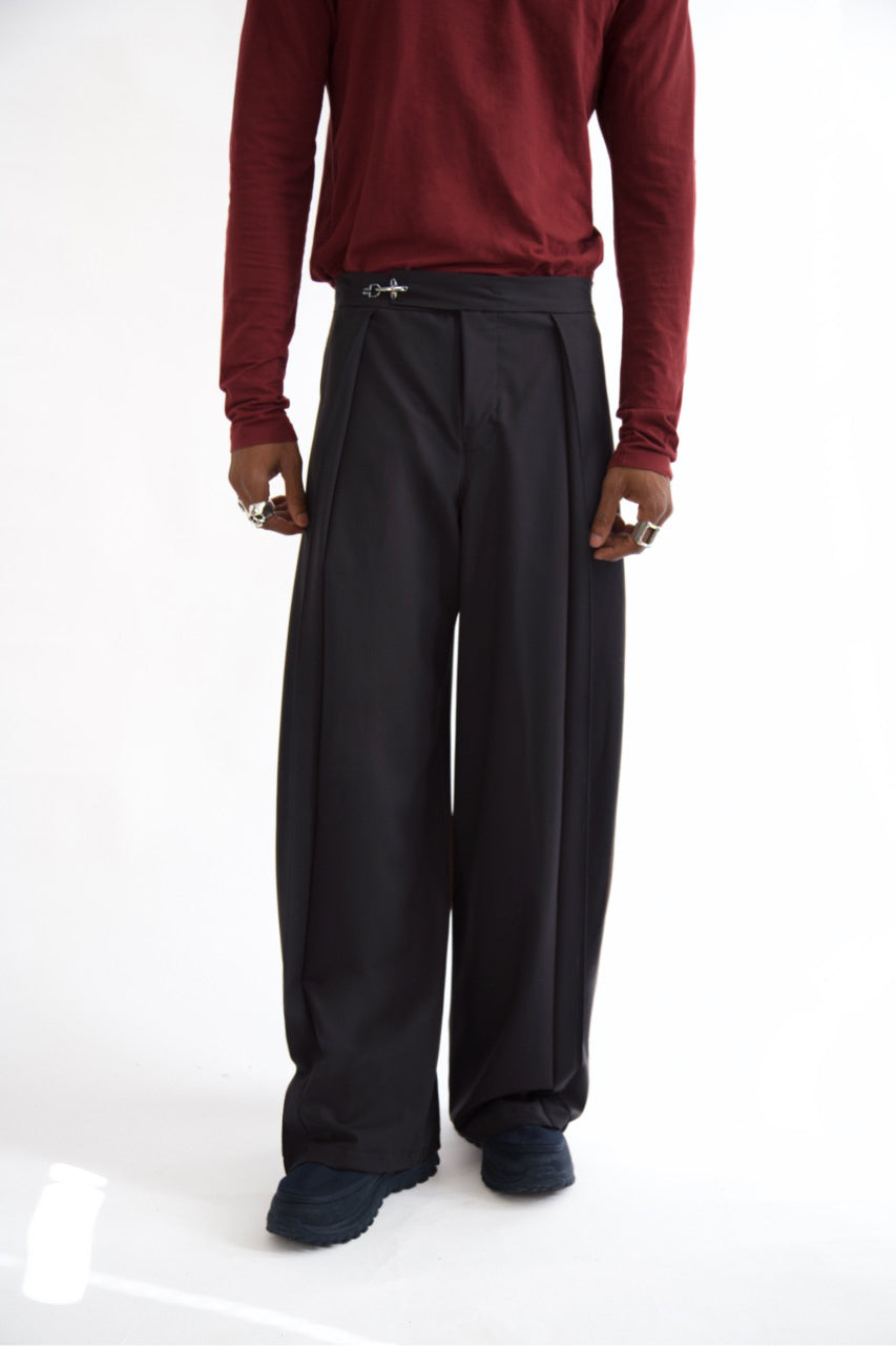 VT Rework: Navy Check Wide Leg Pleated Trousers