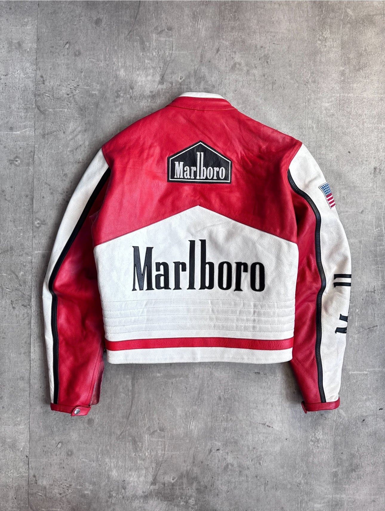 Marlboro Red / White Leather Spellout Moto Racer Jacket