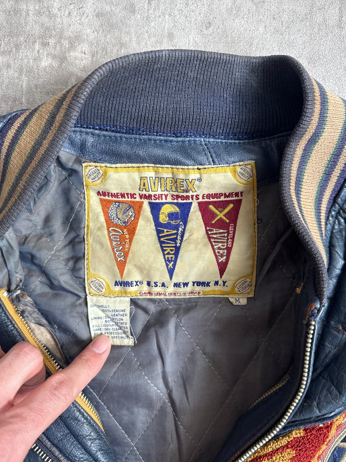 1980's Avirex Varsity Tomahawks Emboidered Blue Leather Bomber