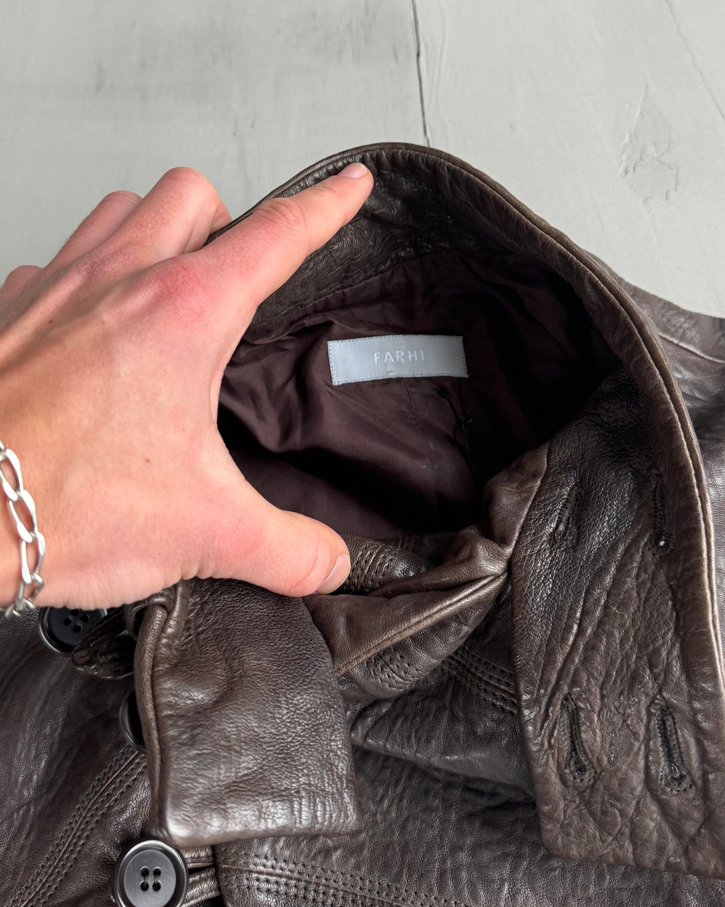FARHI ASYMMETRIC BUTTON UP LEATHER JACKET - M | Medium, Brown