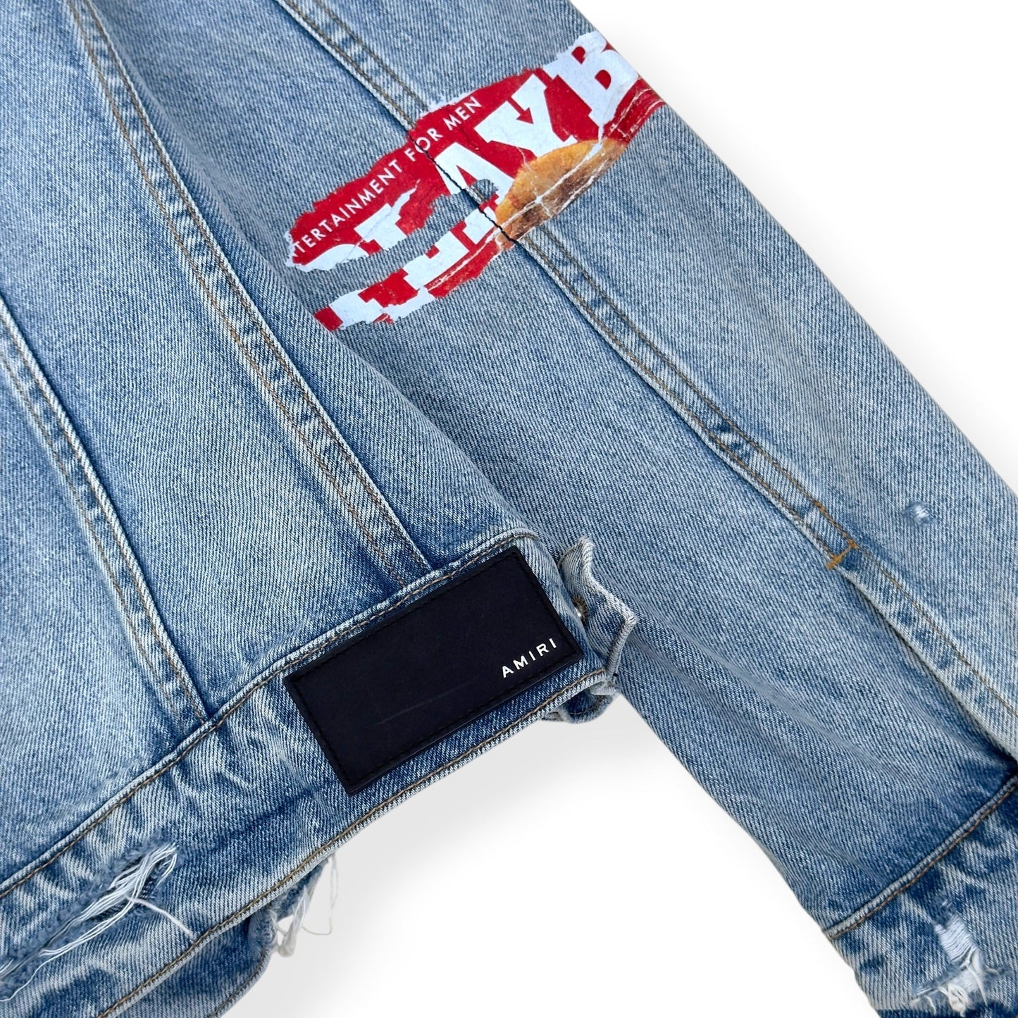 AMIRI X PLAYBOY MAGAZINE DISTRESSED DENIM JACKET BLUE XL | XL, Blue