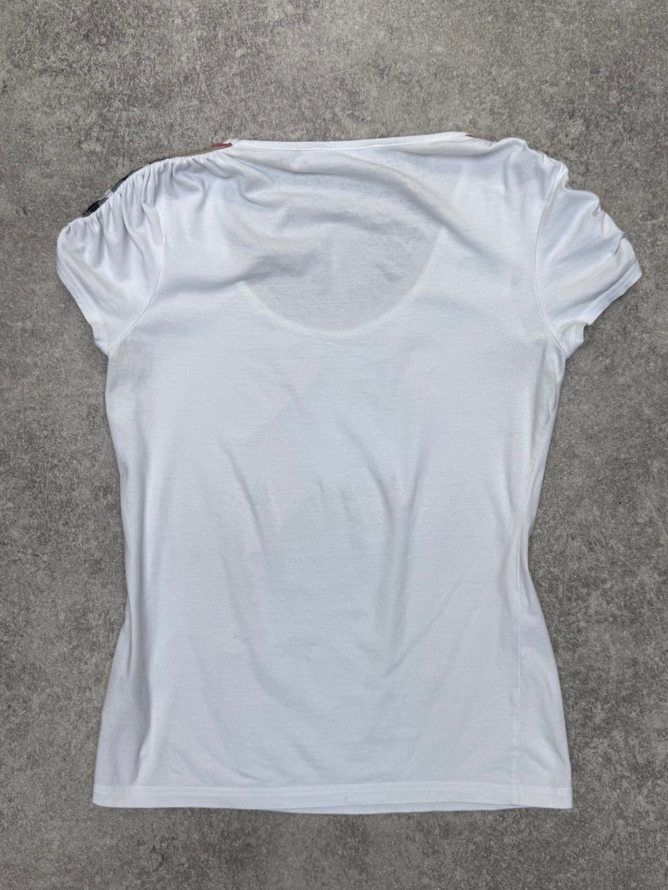 Burberry Nova Check Ruched Shoulder Detail White Tee