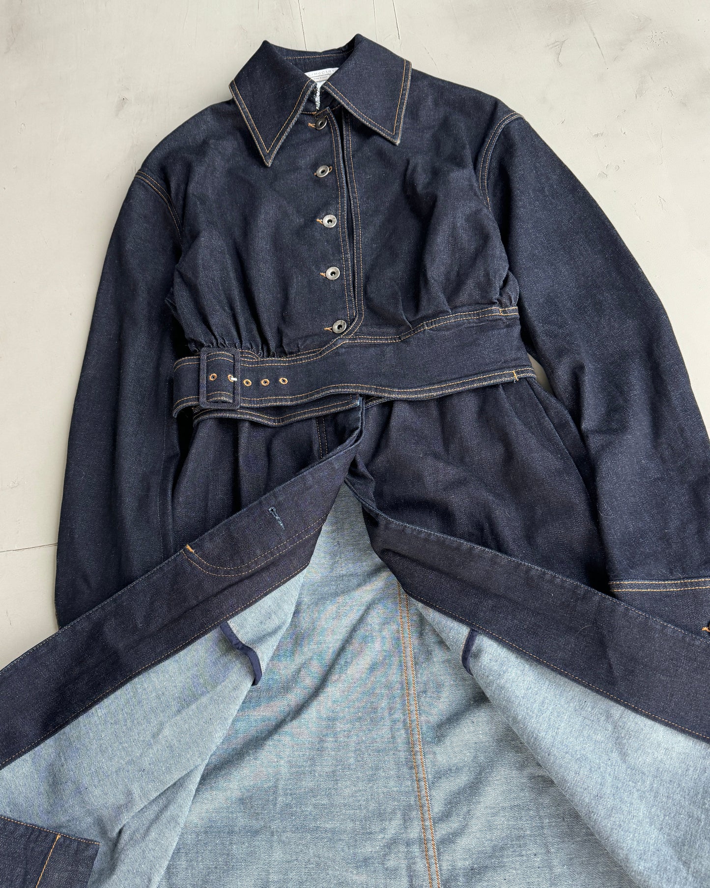 STELLA MCCARTNEY 2017 ASYMMETRIC BELTED DENIM COAT - S/M | S/M, Dark Blue