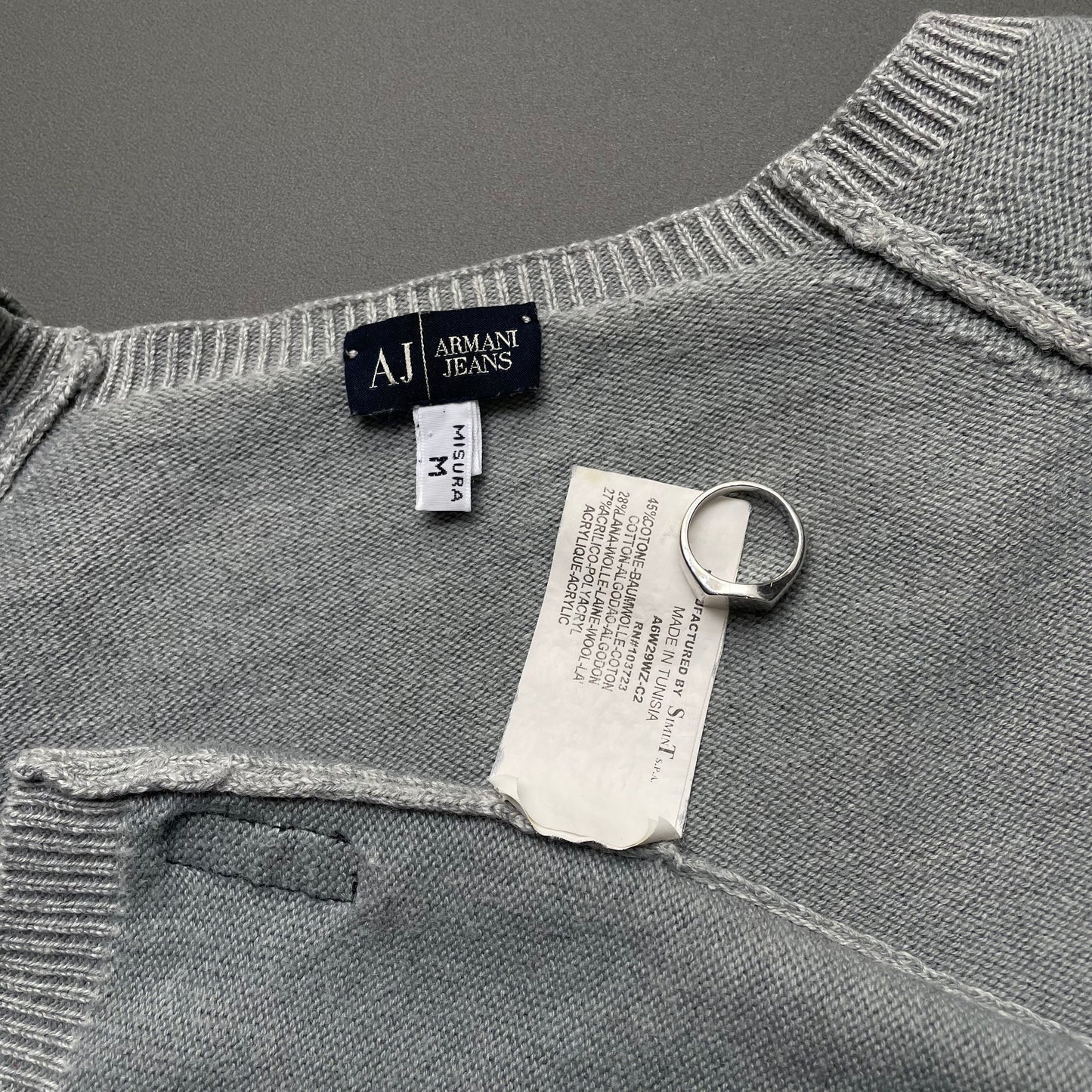 Armani Jeans Light Grey 00s Contrast Stitch Knit Jumper | Small, Grey