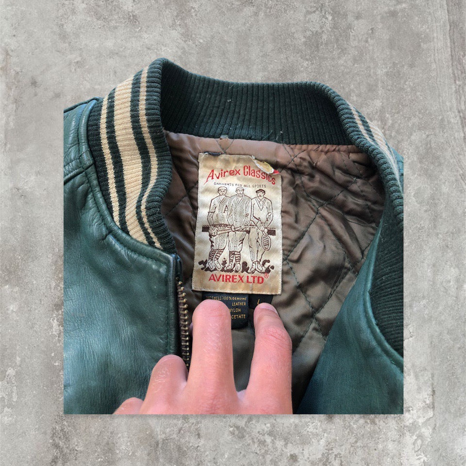 Vintage Avirex Spell-out Green Leather Bomber Jacket / Varsity Jacket | Default Title, Green