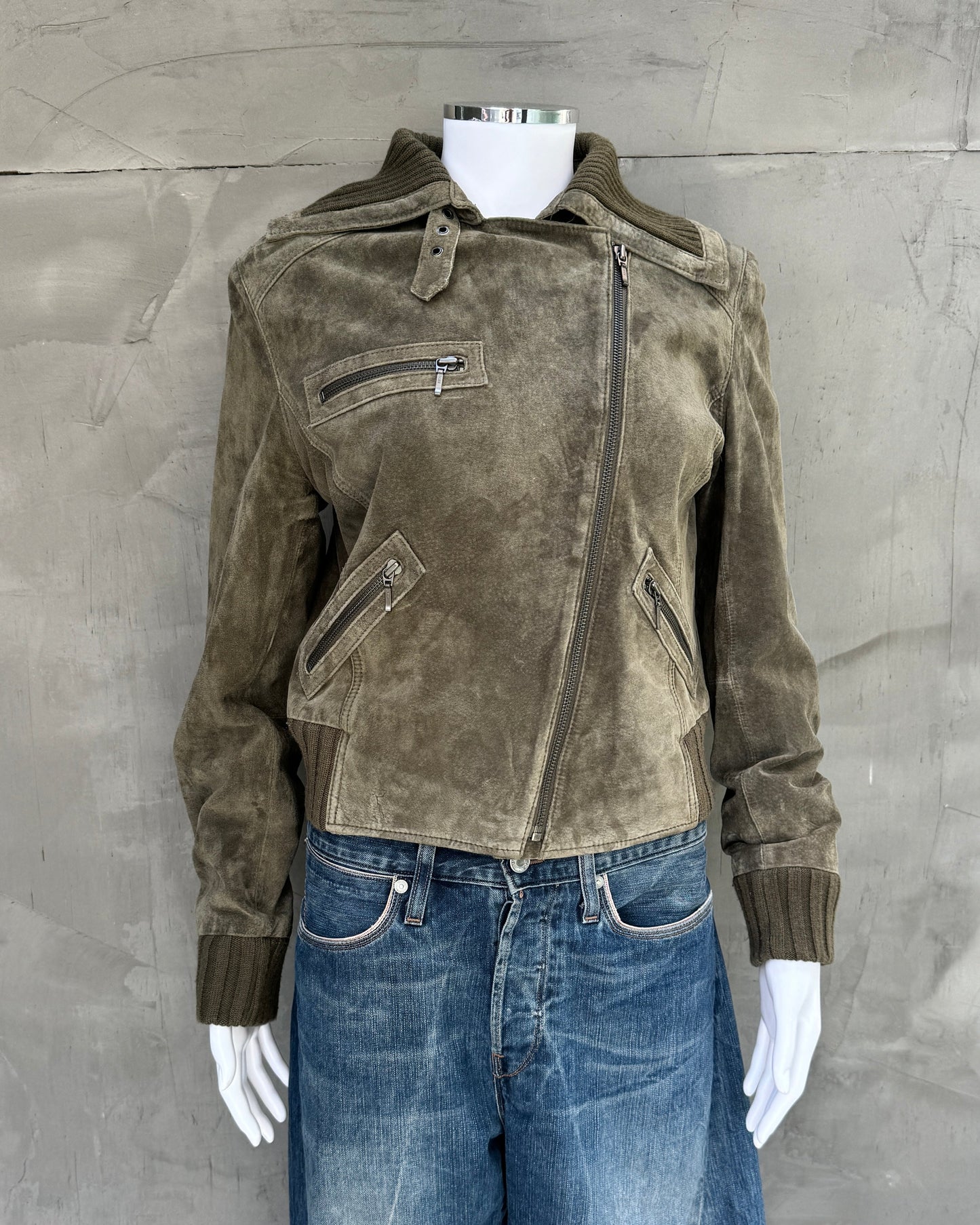 Equation Asymmetric Suede Jacket with Oversized Collar - M/L | Medium, Green