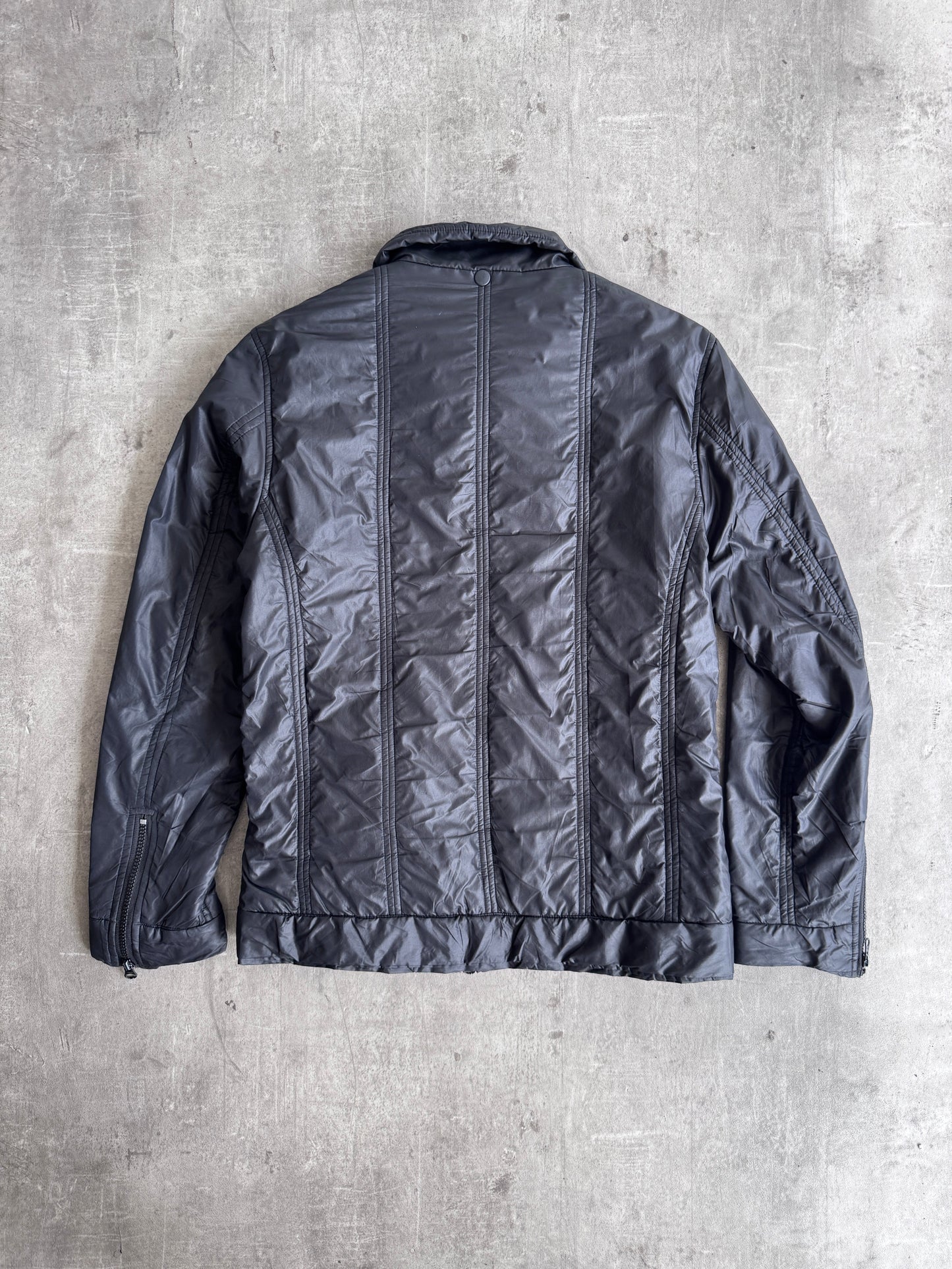 PPFM Notch Collar Zip Up Black Nylon Jacket | Large, Multicoloured