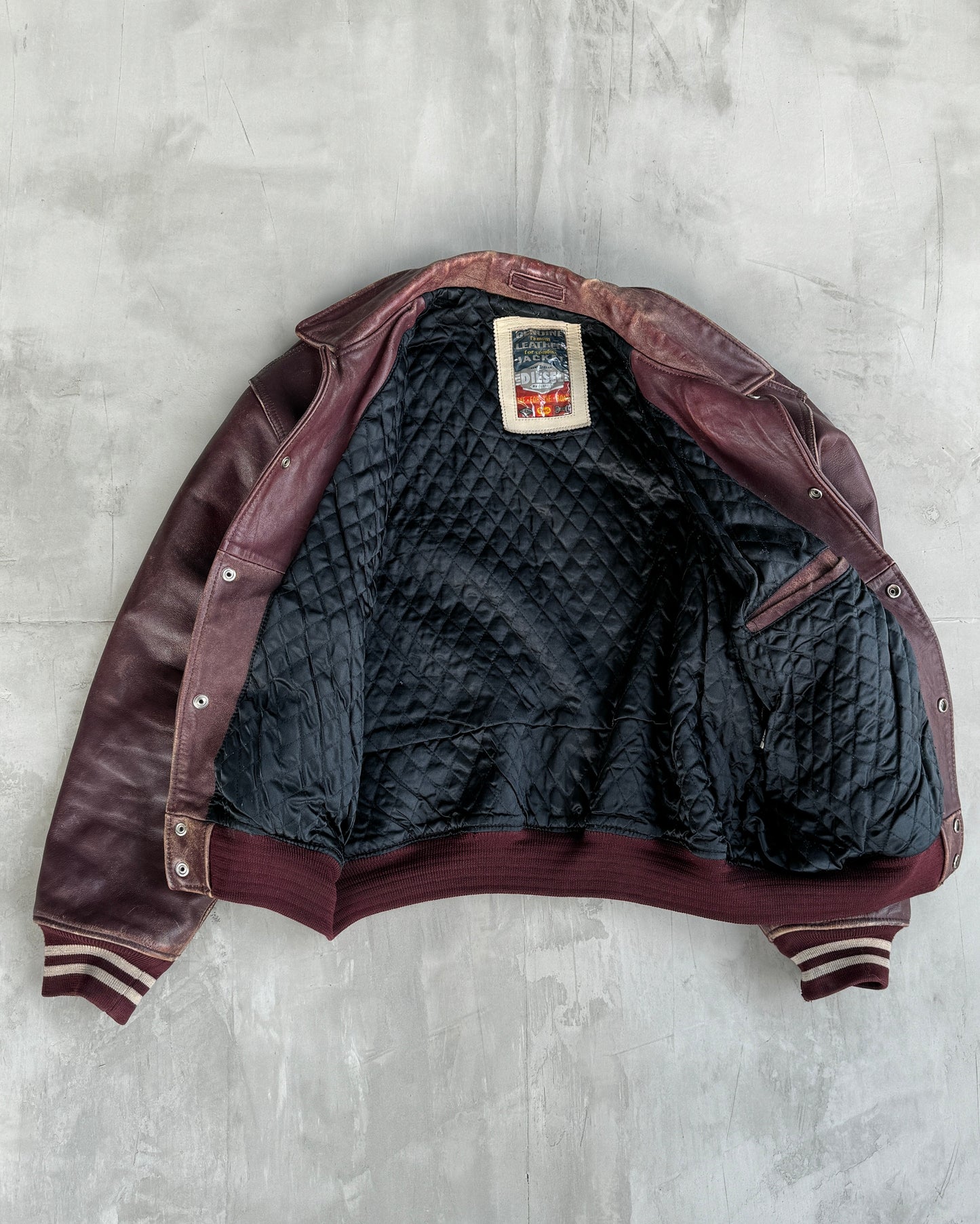 DIESEL 90'S VARSITY LEATHER JACKET - L | Large, Burgundy