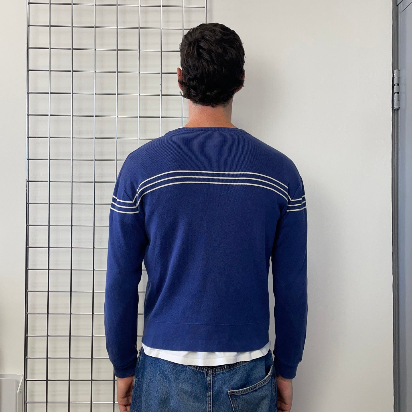 Emporio Armani Blue 90s Bar Stripe Jumper | Medium, Blue