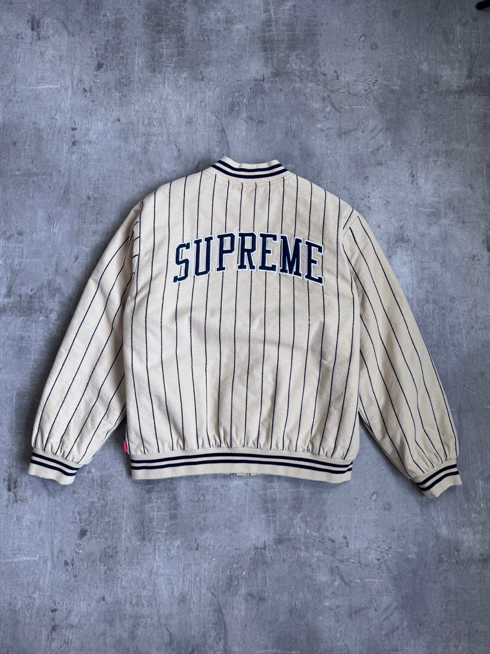 SS2019 Supreme Beige Pinstripe Varsity Bomber Jacket