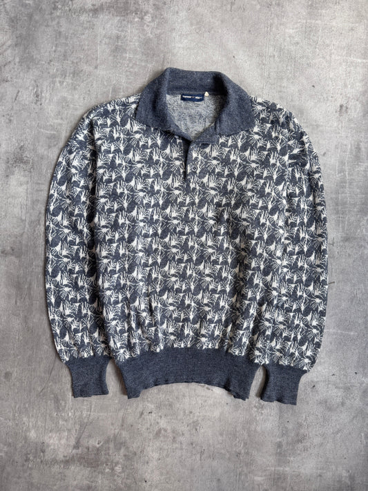 1980s Emporio Armani Grey Knit Graphic Print L/S Polo