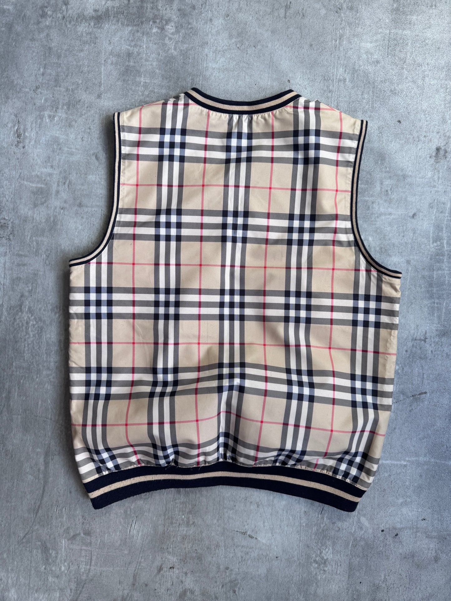 Burberry Golf Beige Poly Nova Check Rib Knit Detailed Sweater Vest