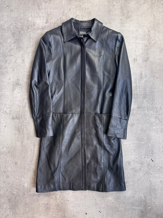 Versace Jeans Black Leather Button Down Midi Leather Coat