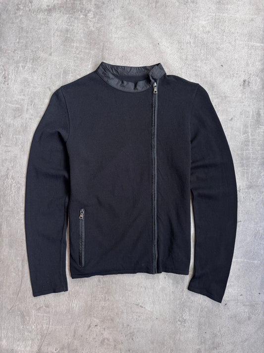 Prada Black Knit Asymmetric Zip Up Nylon Trim Cardigan