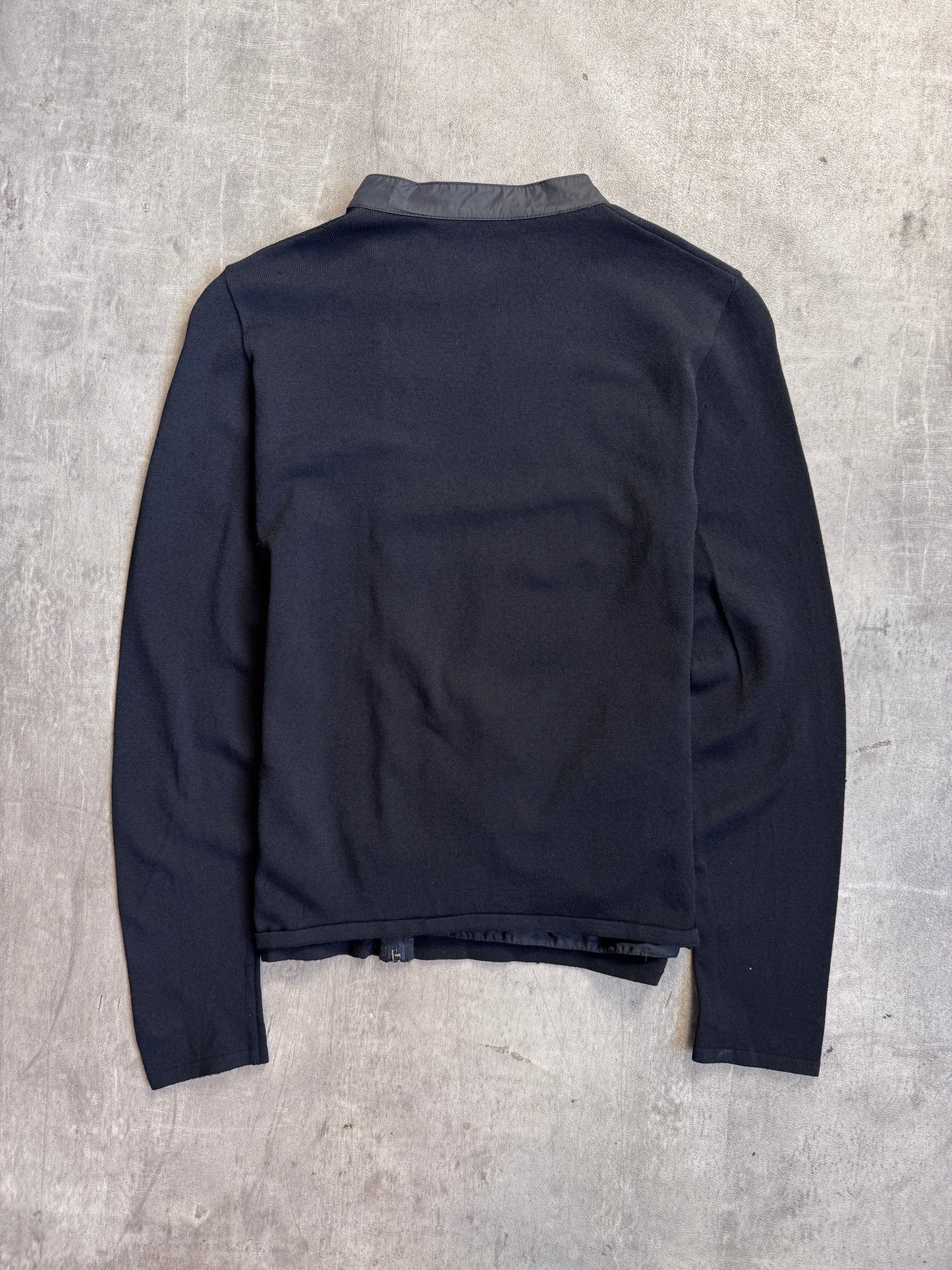 Prada Black Knit Asymmetric Zip Up Nylon Trim Cardigan